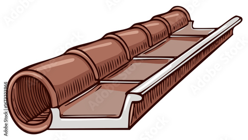 Clay roof tile gutter system with curved segments and connecting channel.