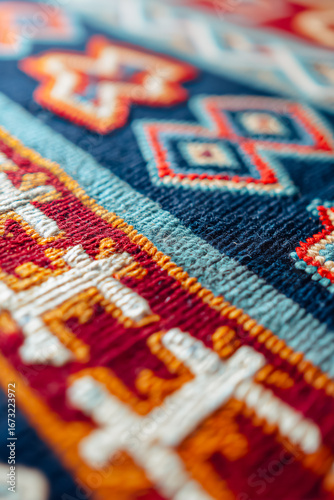 A vibrant detail of traditional textile showcasing intricate patterns and rich colors.
