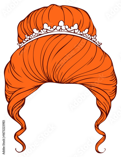 Elegant Hairstyle with Ornamentation, Vector Illustration in Bright Orange Tones Depicting Detailed Braided Hair with Crown