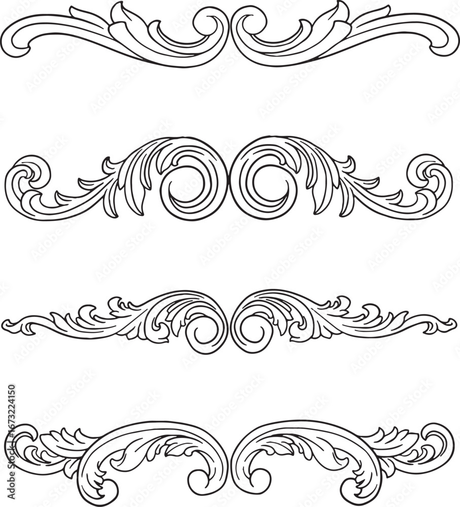 Fototapeta premium A set of beautiful rococo and baroque style vector ornaments. This collection features intricate scrolls, flourishes, and fleur de lis motifs, perfect for creating luxurious designs, vintage borders.