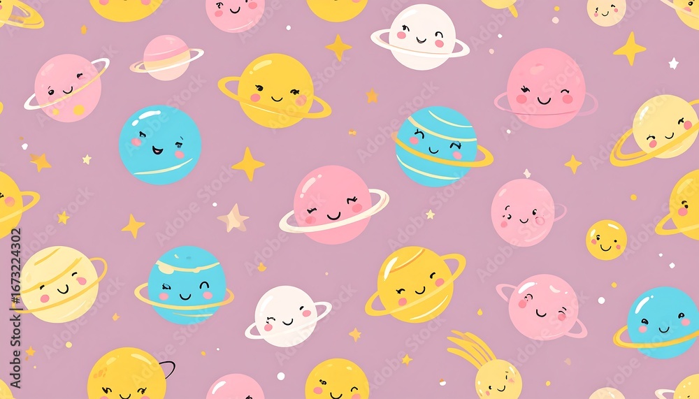 Whimsical planetary pattern showcasing adorable cartoon planets on a violet background Whimsical planetary pattern showcasing adorable cartoon planets on a violet background