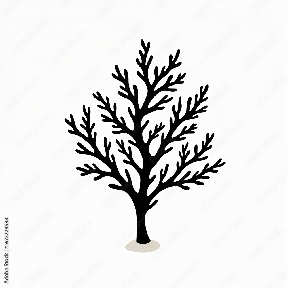 Obraz premium Minimalist black coral illustration, simple marine life graphic for web design. Underwater plant silhouette on white background. Ocean reef biology element, aquatic symbol for nature themes.