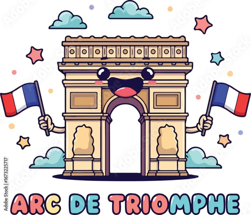 Joyful Arc de Triomphe Cartoon: French Landmark with Flags Kawaii Style Illustration.