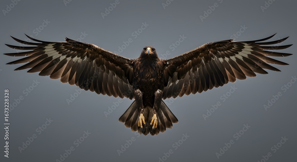 Obraz premium Majestic Eagle in Flight: Wings Spread, Direct Gaze, Dramatic Perspective.