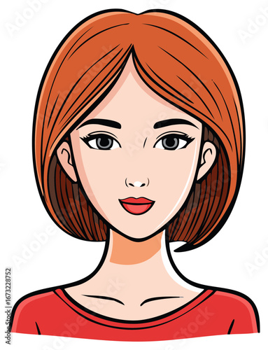 Cartoon illustration of a young woman with short red hair.