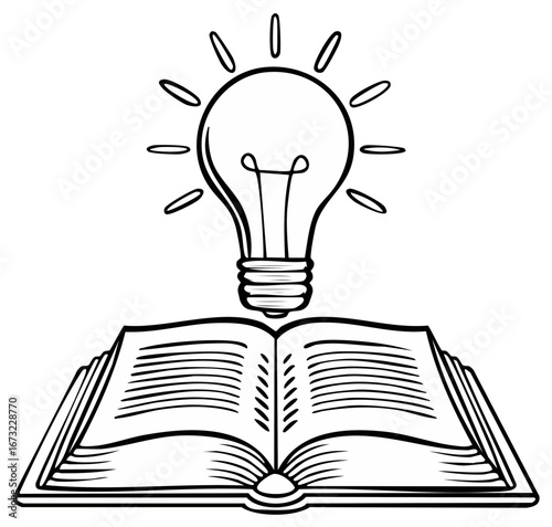 Open book with a glowing light bulb above symbolizing knowledge and new ideas