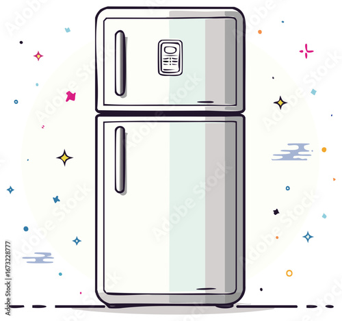 Modern White Refrigerator Appliance with Top Freezer and Digital Display Illustration