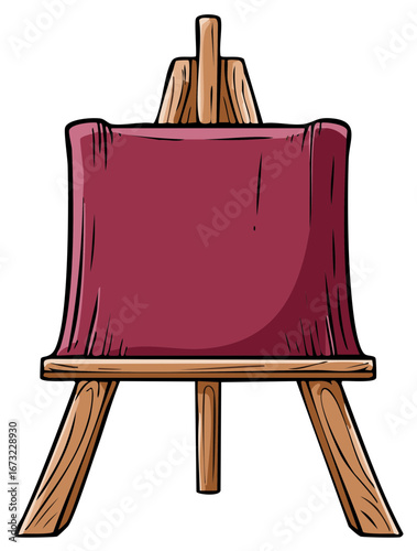 Cartoon wooden painter's easel with a red cloth covering a hidden canvas
