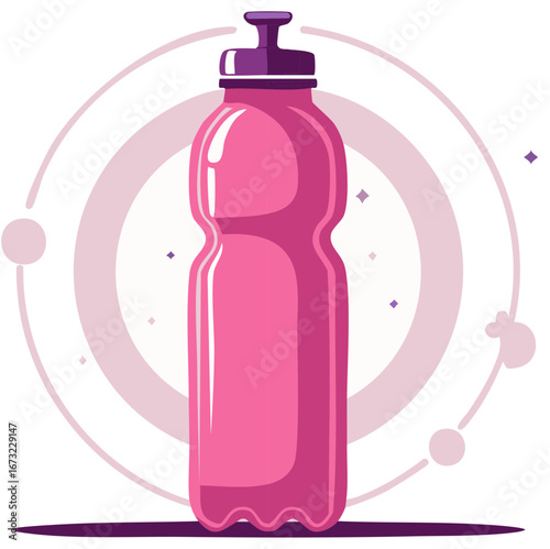 Pink reusable water bottle illustration. Sporty hydration concept with abstract background.