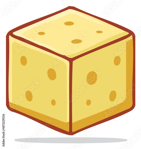 Cartoon cube shaped yellow cheese with holes and red outline