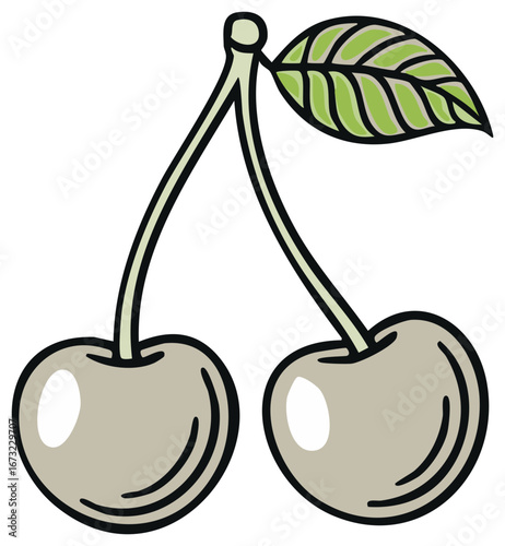 Two beige cherries hanging with leaf in a simplistic design over a white backdrop.