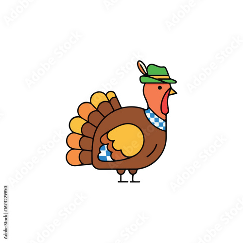 Cute cartoon turkey illustration in Bavarian costume with a green hat for a festive holiday celebration