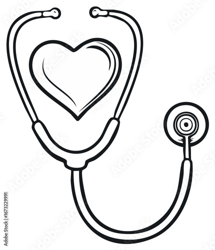 Stethoscope with Heart, Healthcare Outline Graphic, Doctor Equipment for Checkup, Medical Care Symbol