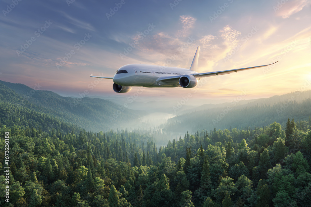 Fototapeta premium Airplane flying over a lush green forest at sunrise a breathtaking aerial view