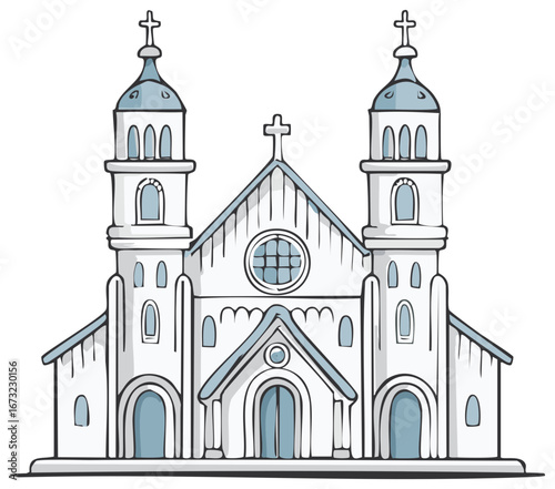 Cartoon Illustration of a Catholic Church Featuring Twin Bell Towers and Prominent Crosses Against a Clean White Background