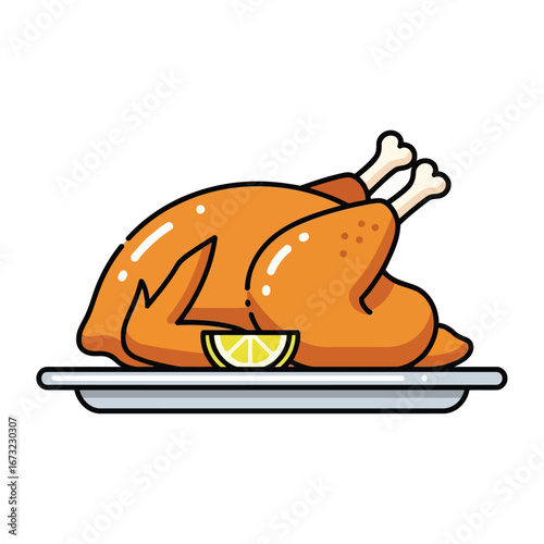 Vector illustration of roasted chicken with lemon slice on a serving platter