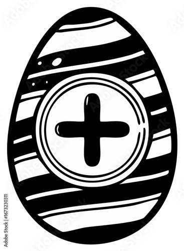 Hand drawn striped Easter egg with a cross symbol monochrome illustration