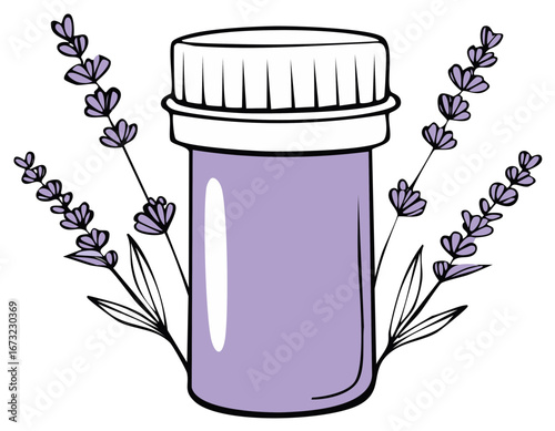 Illustration of lavender sprigs surrounding a purple jar with white lid