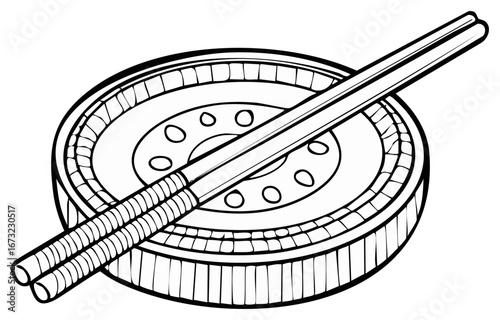 Line art illustration of chopsticks on a dim sum steamer basket