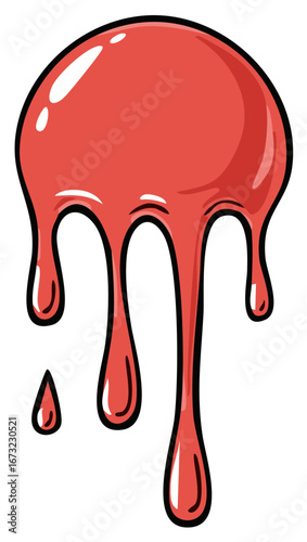 Red paint drops dripping and flowing down. Isolated cartoon art illustration.