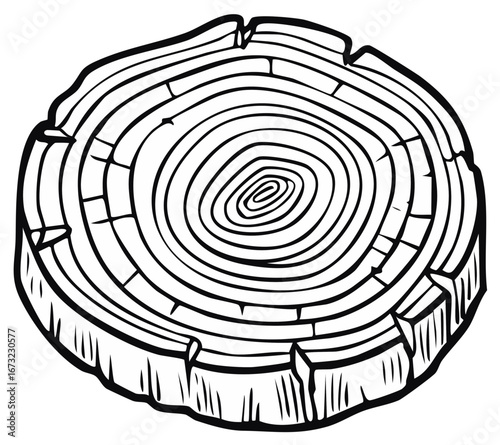 Cartoon illustration of a wood slice with rings and cracks. Isolated graphic.