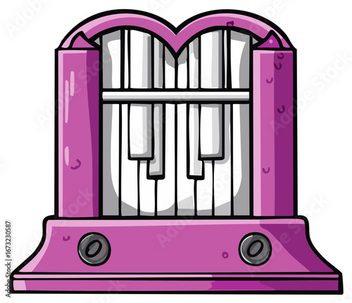 Cartoon illustration of a pink piano with black knobs