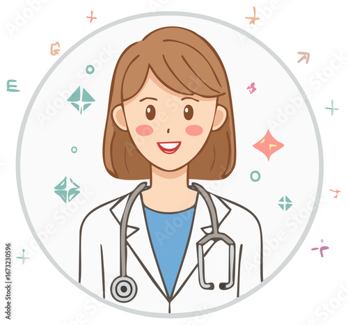 Friendly female doctor wearing a white coat and stethoscope with cheerful decorative elements