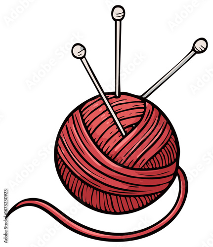 Illustration of Coral Yarn Ball with Knitting Needles for Arts and Crafts