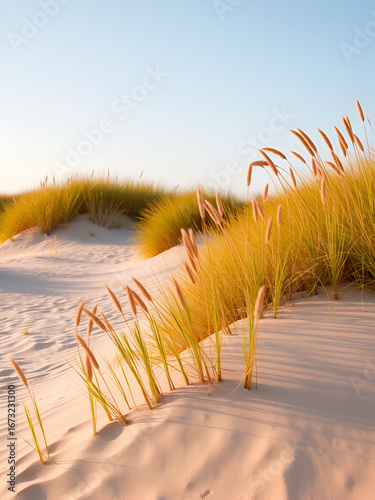 breathtaking sight of dunes adorned with vibrant beach grass, symbolizing steadfastness these plants bestow upon shifting sandy terrains and harmonious equilibrium they epitomize