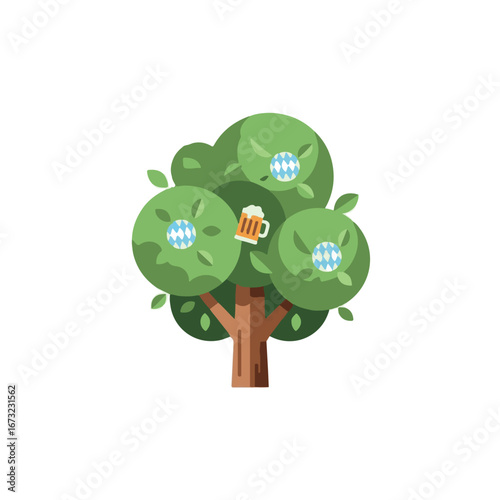 Creative concept art of a fantasy tree for a beer garden or festival, featuring Bavarian motifs and a frothy beer glass
