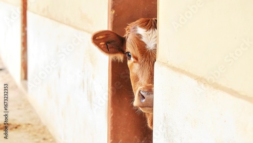 portrait of a cow looking from behind a corner