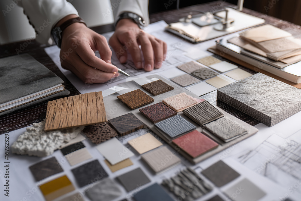 Fototapeta premium Projektant wnętrz tworzący moodboard – dobór materiałów i faktur jako wizualizacja koncepcji przestrzeni dla klienta.