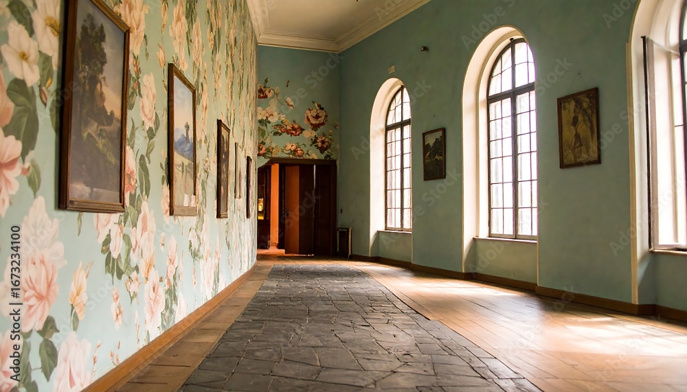 Fototapeta premium Elegant hallway with floral wallpaper