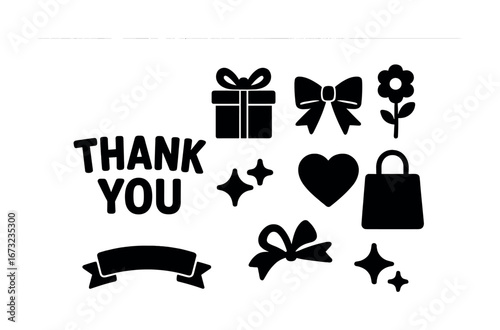 Thank you design elements with gift, heart, bow, and floral icons
