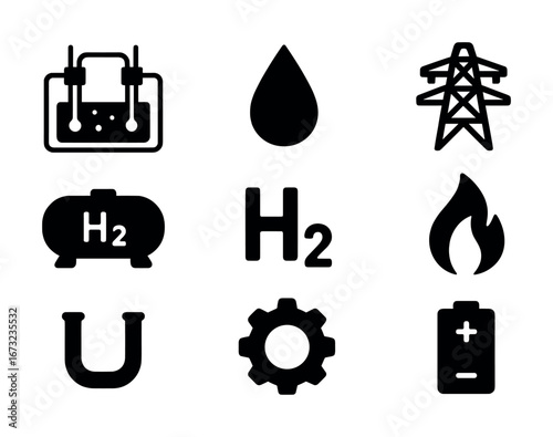 Hydrogen energy icons set featuring h2 symbols and energy infrastructure elements