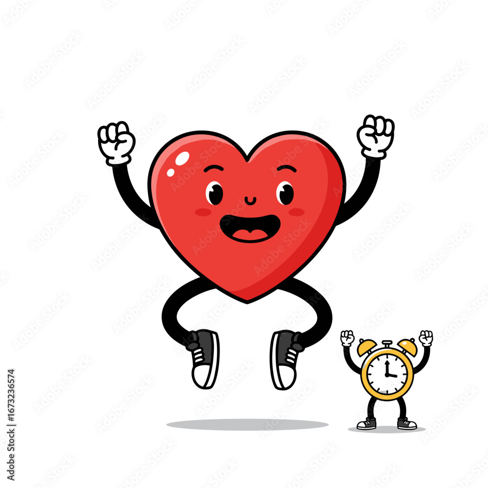 Fototapeta premium Energetic heart mascot jumping with clock