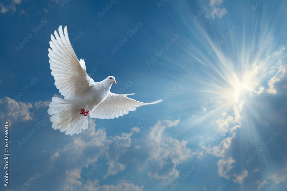 Fototapeta premium White dove soaring through a bright sky sun rays shining