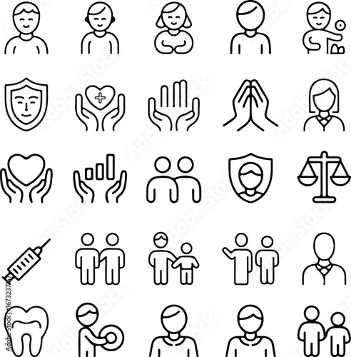 Collection of Line Art Icons Representing Various Social Concepts and Human Interactions Safety Security Health Law