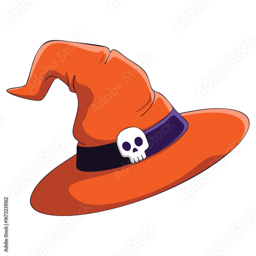 Flat vector illustration of orange witch hat with skull isolated on white background, symbol of Halloween, magic, witchcraft, costume accessory, fantasy design and spooky seasonal celebration theme