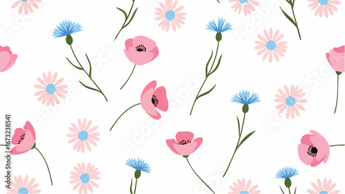 Delicate Pink Poppies and Cornflowers Floral Pattern.