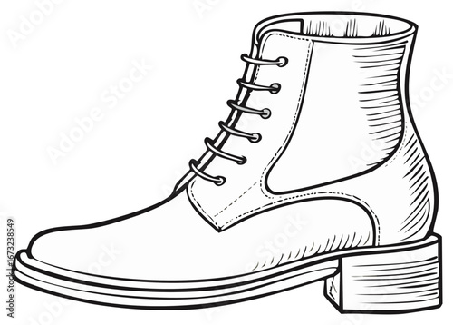 Black and white sketch of a classic laced ankle boot with a block heel