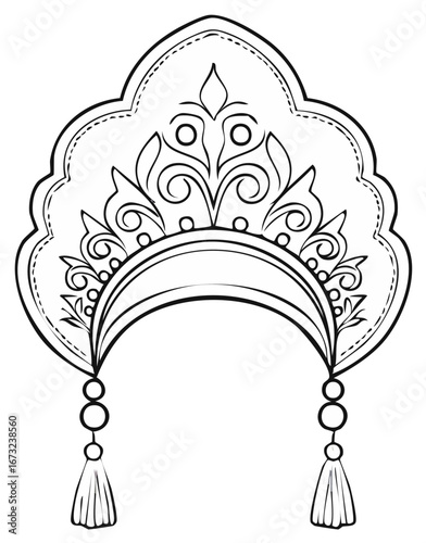 Outline drawing of a decorative headdress with ornamental patterns and dangling tassels