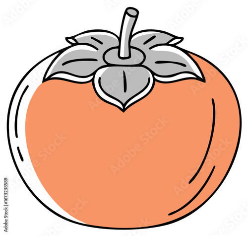 Isolated Persimmon Fruit Illustration, Orange and Gray with Line Art