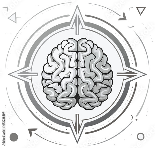 Stylized brain inside a compass graphic symbolizing mental direction and strategic thinking