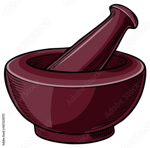 Illustration of a maroon mortar and pestle on a white background