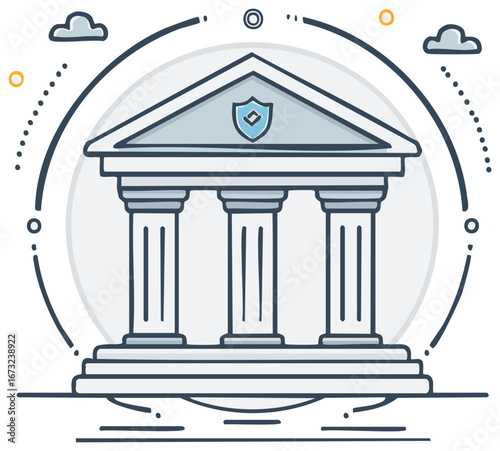 Abstract illustration of a classical building with pillars and a shield symbol