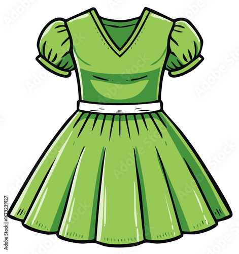 Cartoon illustration of a bright green dress with a white belt