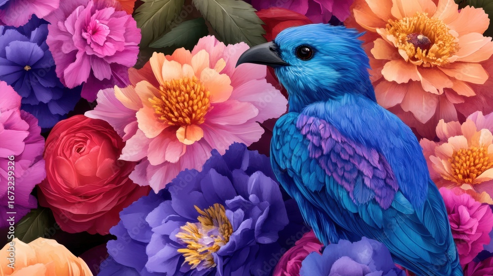 Obraz premium Nature-inspired hand-drawn design of bird and flowers, rich in color and detail