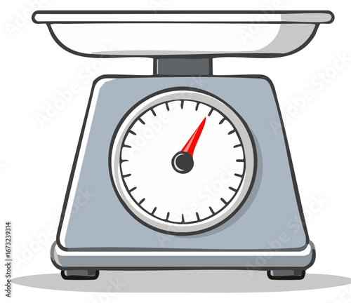Illustrated cartoon scale with a red indicator measuring something, retro appliance in gray