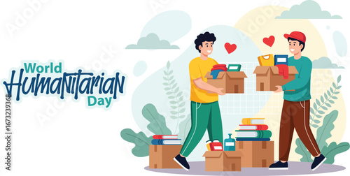 Two people volunteer, carrying boxes of donations for World Humanitarian Day, with books, clothes, and hearts symbolizing kindness and support.